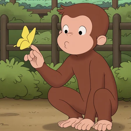 masterpiece, best quality, amazing quality, official style, cur1ousg3orge, male, furry male, anthro, solo, young, monkey, brown fur, short hair, black eyes, small nose, round ears, short, crouching, o3o face, curious, looking at butterfly, outdoors, backyard, bushes