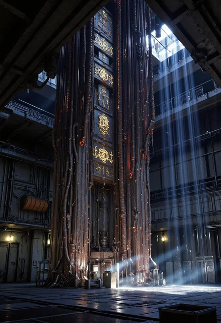 Inside a dim, industrial SCP Foundation containment chamber stands a towering, organic-mechanical structure — SCP-003, known as the "biological motherboard." Its surface is a fusion of pulsing organic mass and high-tech components, rising like a grotesque monument.
The structure is covered in thick, writhing tentacles that extend outward, some coiling around metallic support beams, others merging with the floor and surrounding data consoles. Across its body are etched glowing anomalous runes, softly flickering with pale blue and violet light, shifting patterns as if alive.
Numerous cables and fiber-optic wires connect the entity to wall-mounted SCP monitoring equipment. Along its surface, small arcs of electricity leap intermittently between implants and interface nodes, generating brief flashes of white and blue light that illuminate the containment chamber.
Steam rises from cooling vents, and warning lights flicker in the background. Around the base of the entity are sensor pylons, control panels, and half-dismantled equipment scorched by previous overloads. The entire environment radiates tension, mystery, and latent power, as if the machine is sentient and evolving.
The tone is dark and biomechanical, blending alien intelligence, arcane design, and advanced SCP technology, rendered in cinematic detail with rich textures and volumetric lighting, (Neon Mecha-Horror Style, In REME's Charnel Mechanica style,)