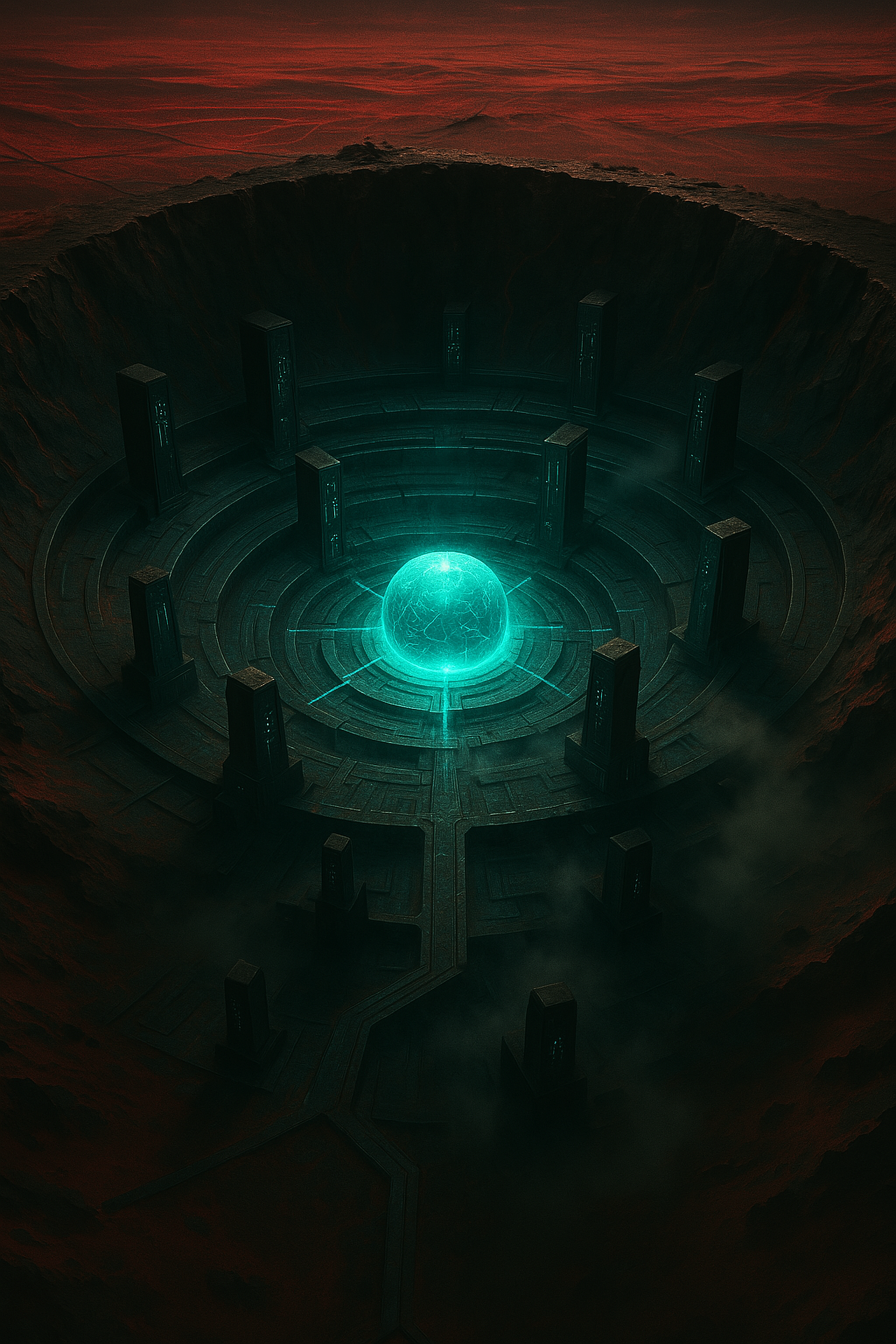 sci-fi cinematic film still, birds eye view, rich shades of crimson red, cyan blue, obsidian black, teal green and ivory, a vast, otherworldly landscape featuring an ancient crater on a distant world, the crater is housing a mysterious research facility from a long-lost civilization, the structure’s heart is a radiant cyan glowing spherical core, emitting a cold, pulsing light that feeds into luminous pathways and conduits etched into the crater walls. the facility unfolds in perfect concentric rings and raised iridescent metallic platforms build into the crater walls, each tier housing monolithic structures inscribed with indecipherable alien runes that faintly flicker in cyan, the scene evokes an eerie stillness, as though the place is dormant but not dead. around the crater, the terrain is divided by geometric channels and walkways crossing them, the structures are ancient, yet none appear to decay, an unsettling testament to engineering that defies time and comprehension, ethereal fog curls across the platforms, partially veiling certain areas, enhancing the enigma of what lies hidden. the surrounding crater rim appears jagged and sharp, a perimeter of black stone, beyond which stretches a desert of glimmering crimson red dunes under a dim alien sun. the camera is looking down into the illuminated core and concentric formations below, emphasizing symmetry and scale. the glow of the core spills long radial shadows across the surrounding tiers, while subtle light bloom and mist softens hard edges, the lighting creates a high-contrast interplay of dark structure and luminous energy. captured in medium format digital with cinematic lens depth and clarity, faint chromatic aberrations and atmospheric haze simulate distance and scale