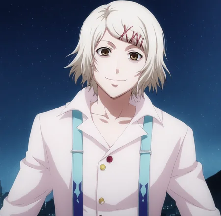 <lora:Slimes_Juuzou-000004:1>, slimes_juuzou, solo, evil smile, brown eyes, night city background