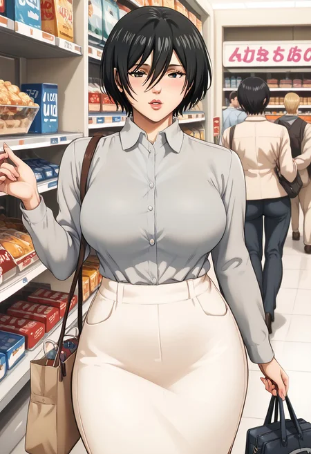 score_9, score_8_up, score_7_up, mikasa ackerman, black eyes, black hair, short hair, wide hips, lips, huge breasts,  beauty hands, Beautiful character design, perfect eyes, bedroom eyes, perfect face, expressive eyes, perfect balance, grey shirt, short over long sleeves, pencil skirt, housewife, Tote bag, convenience store, back view,