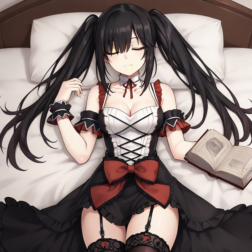 1girl, in bed, lying, sleeping, closed eye, solo,  collarbone, cleavage, twintails, black hair, white skin, long hair, hair over one eye,  looking a viewer, smile, arm strap, black thighhighs, book, bow, breasts, cowboy shot, frilled bow, frills, garter straps, ((gothic fashion:1)), medium breasts, red bow, thick thighs, thighhighs,