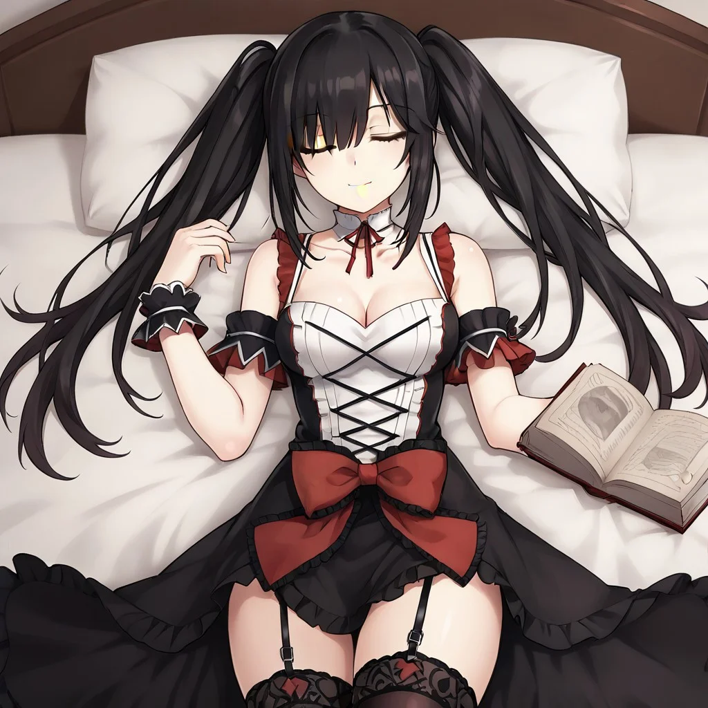 1girl, in bed, lying, sleeping, closed eye, solo,  collarbone, cleavage, twintails, black hair, white skin, long hair, hair over one eye,  looking a viewer, smile, arm strap, black thighhighs, book, bow, breasts, cowboy shot, frilled bow, frills, garter straps, ((gothic fashion:1)), medium breasts, red bow, thick thighs, thighhighs,