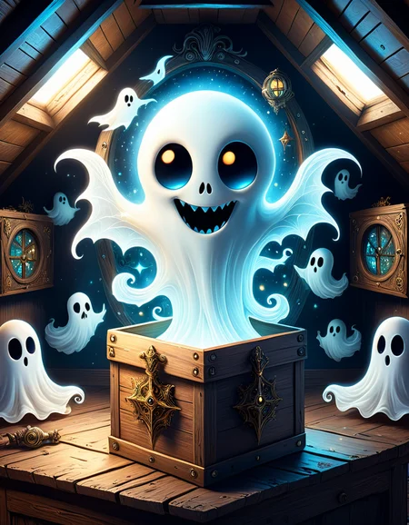 Monster in a box, high quality, masterpiece, cute ghost in a otherworldly themed box design, old dingy attic room, elaborate fantasy style art, intricate details, ultra sharp, backlit, exquisite detail <lora:Monster_in_a_Box_SDXL:1>