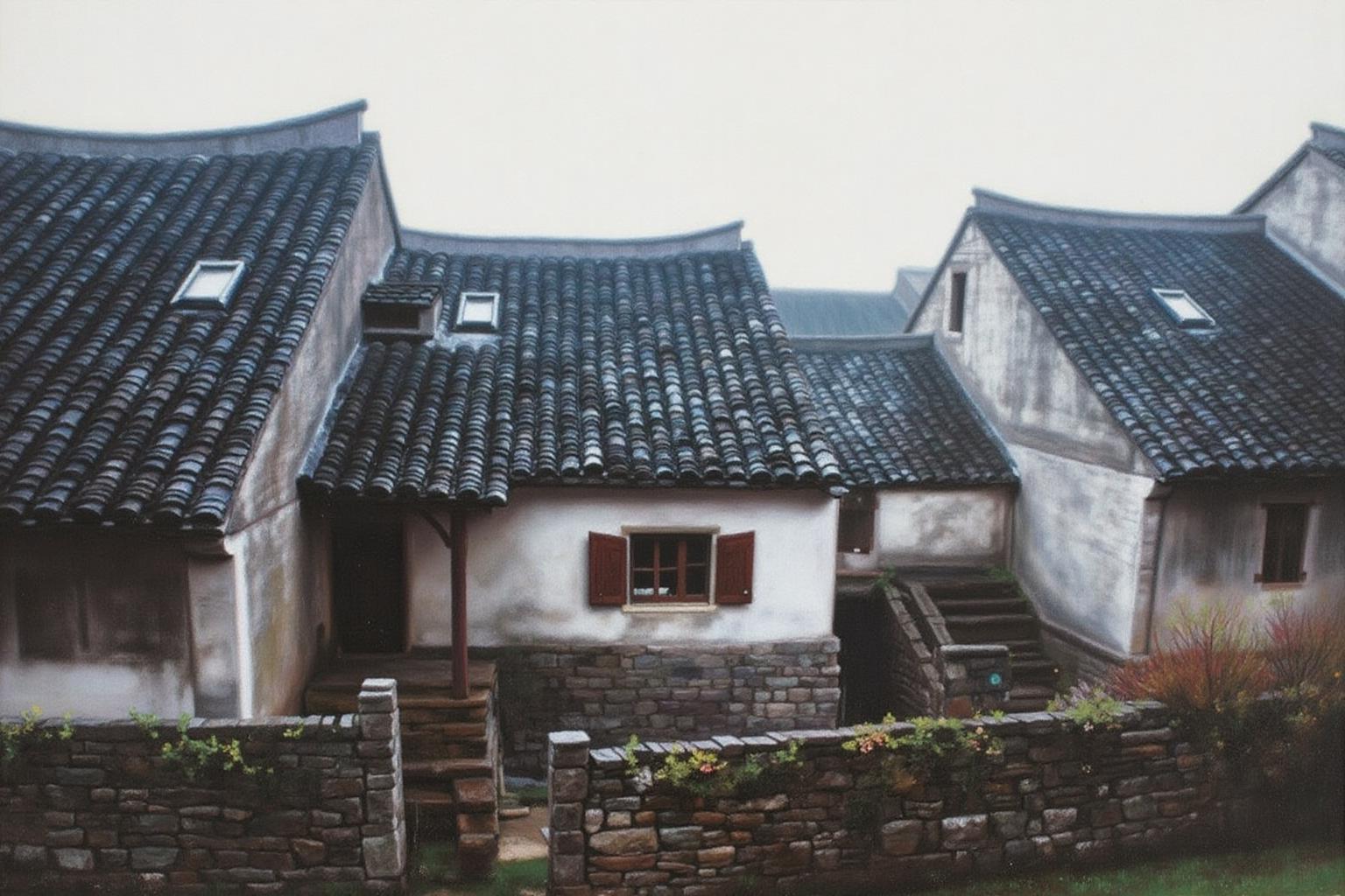 chenyifei2 painting.
A row of old, weathered buildings featuring sloping, terracotta-tiled roofs. There is a stone fence in the foreground.
 <lora:chenyifei2_cap_d6a3:1.0><lora:839853118117368834:0>