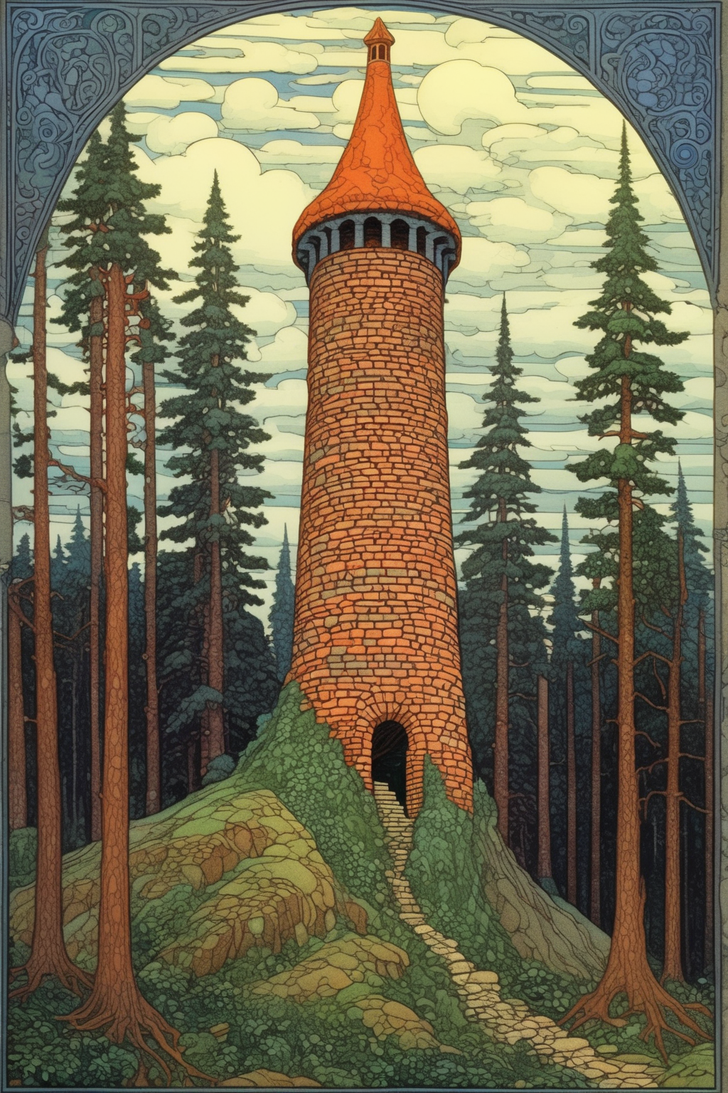 <lora:Ivan Bilibin Style:1>Ivan Bilibin Style - lone brick tower fantasy in the woods ivan bilibin art style