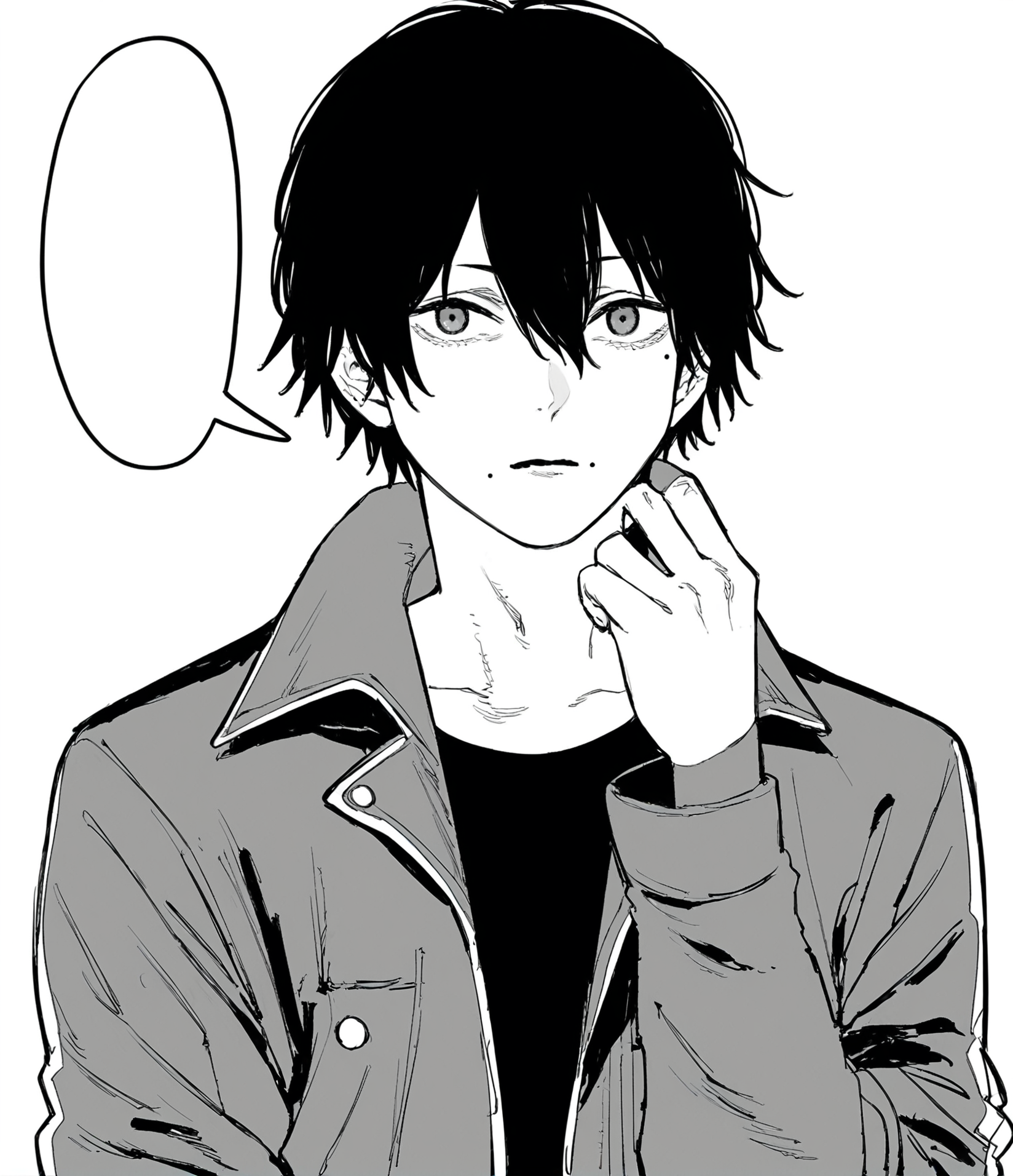 score_9, score_8_up, score_7_up, score_6_up, score_5_up, score_4_up, 2d, sketchy, manga, <lora:Fujimoto_chainsawman:1> fujichai, monochrome, solo,looking at viewer,short hair,simple background,shirt,1boy,white background,hair between eyes,jacket,monochrome,greyscale,male focus,open clothes,mole,speech bubble,black shirt,piercing,mole under mouth,hand on own neck, black hair BREAK source_anime