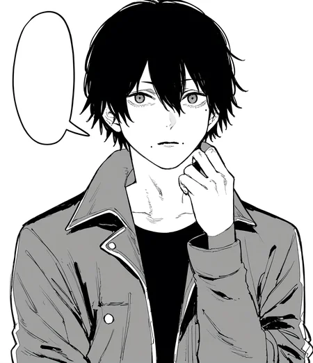 score_9, score_8_up, score_7_up, score_6_up, score_5_up, score_4_up, 2d, sketchy, manga, <lora:Fujimoto_chainsawman:1> fujichai, monochrome, solo,looking at viewer,short hair,simple background,shirt,1boy,white background,hair between eyes,jacket,monochrome,greyscale,male focus,open clothes,mole,speech bubble,black shirt,piercing,mole under mouth,hand on own neck, black hair BREAK source_anime