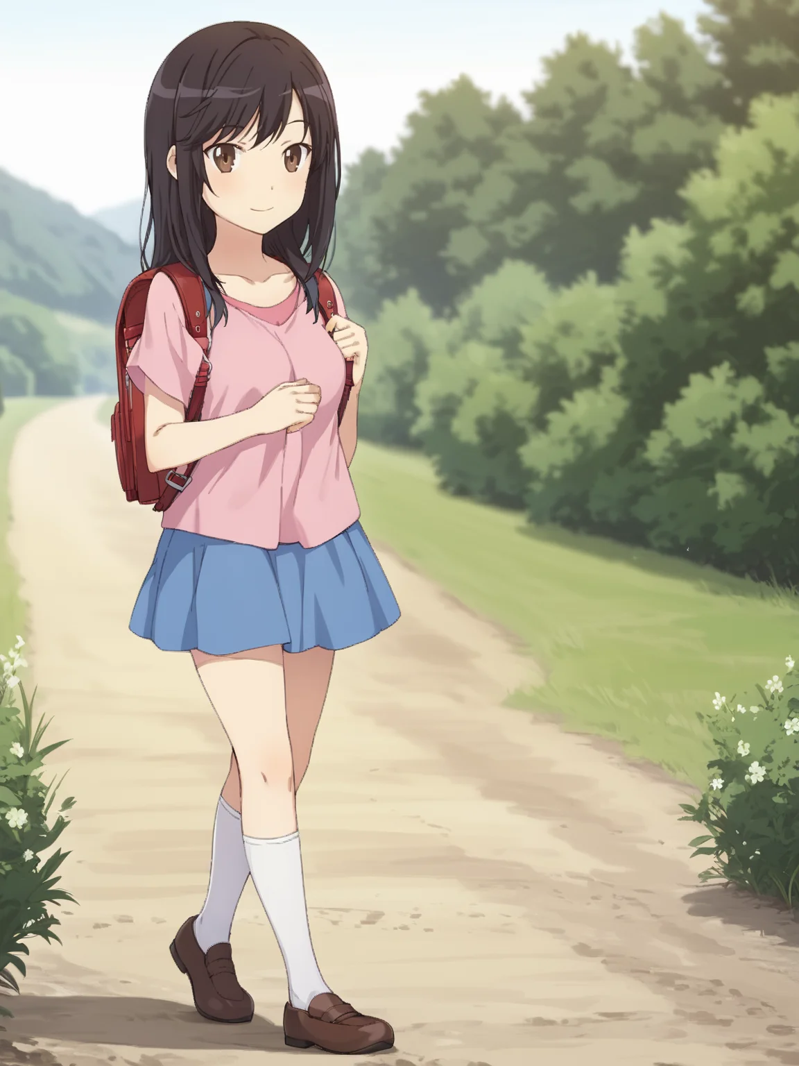 score_9, score_8_up, score_7_up, best quality, anime BREAK 1girl, ichijou hotaru, full body, breasts, backpack, randoseru, smile, white socks, pink shirt, blue skirt, brown footwear, short sleeves, looking at viewer, closed mouth, collarbone, standing, outdoors, field, bush, depth of field, walking, megami magazine,     <lora:ichijou_hotaru-pony-v1:1>