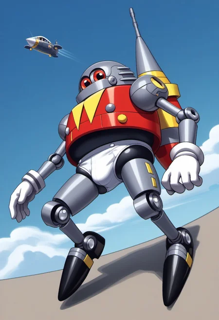 score_7, score_8, score_9, detailed background, masterpiece, airship, blue sky, clouds, 1boy, male, EggRobo, no humans, robo, mecha, fully egg-shaped humanoid robot, middle torso is red, yellow downward-pointing triangles on the front, lower torso is black, two silver buttons on the front, gray head area is clean, two small red eyes, flat jaw fastened by yellow bolts, two yellow and gray rockets for flight, thin robotic arms, thin robotic legs with round shoulders, white gloves, black shoes, white straps, solo, chubby, low angle, underwear, white briefs, bulge, sweaty, musky, musk clouds, steam, surprised, blushing