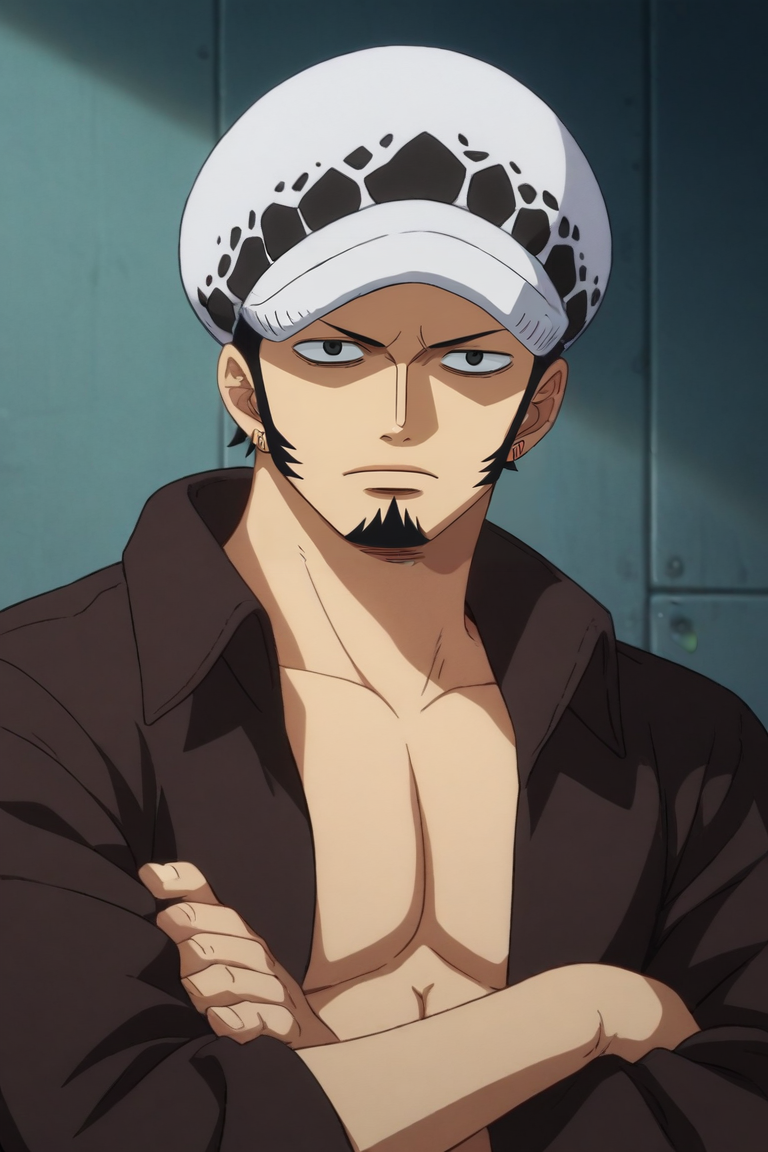 score_9, score_8_up, score_7_up, source_anime, intricate details, (realistic:0.6), looking at viewer, , , 1boy, solo, male focus, <lora:law_trafalgar_pony:0.82>, law_trafalgar, black hair, black eyes, short hair, facial hair, sideburns, long sideburns, goatee, hat, post timeskip, , , , science fiction cyberpunk, Arms crossed tightly, suggesting defensiveness or discomfort, <lora:sdxl_lightning_8step_lora:1>