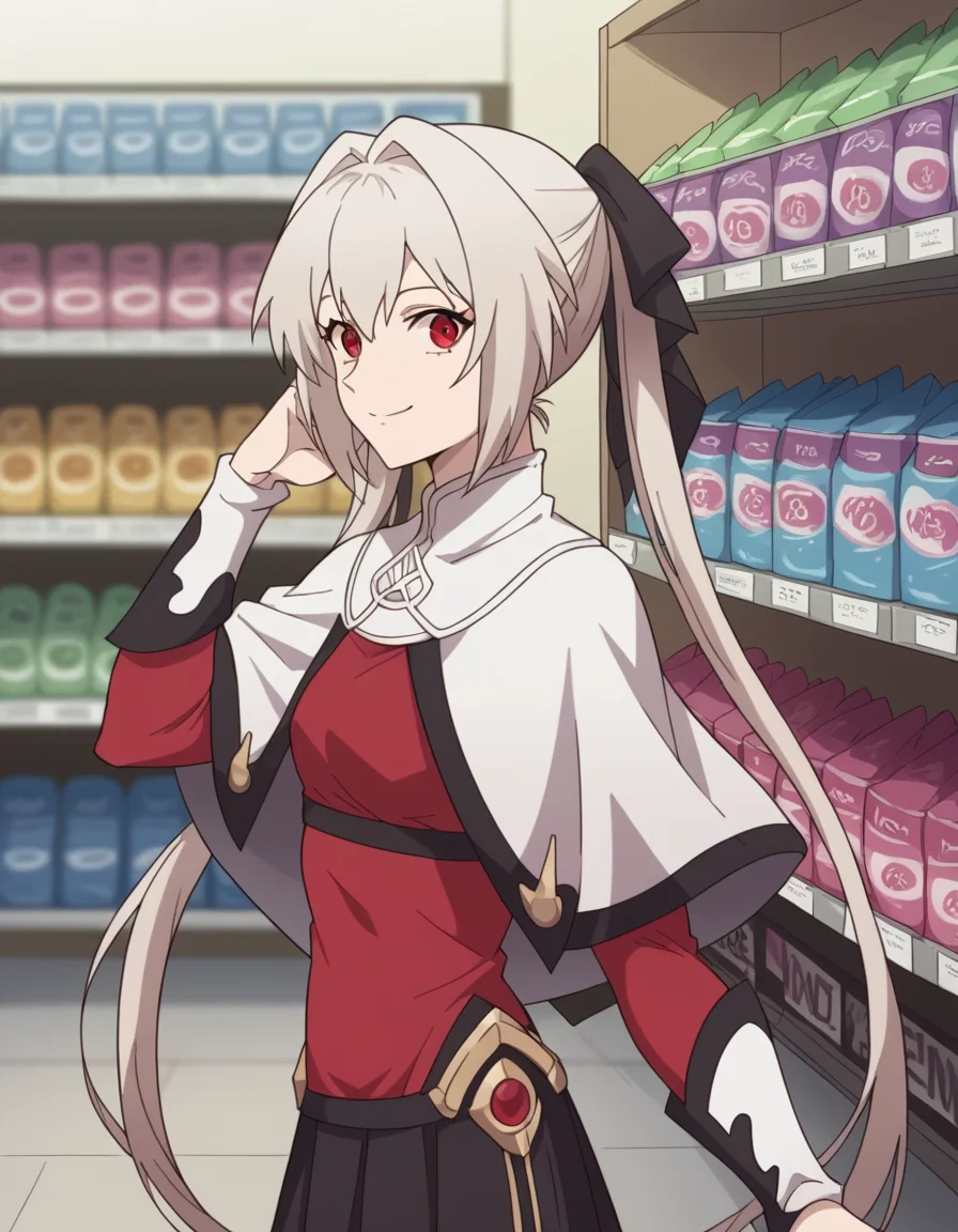 score_9, score_8_up, score_7_up, source_anime, <lora:lynneburg-clays-s1-ponyxl-lora-nochekaiser:1>, lynneburg clays, long hair, red eyes, twintails, grey hair, hair intakes, hair ribbon,, pantyhose, capelet, white capelet, dress, red dress, long sleeves, skirt, black skirt, pleated skirt,, music store, browsing records, headphones, vinyl collection, nostalgic, smile, looking at viewer, smile, from side, solo,, cowboy shot, dutch angle