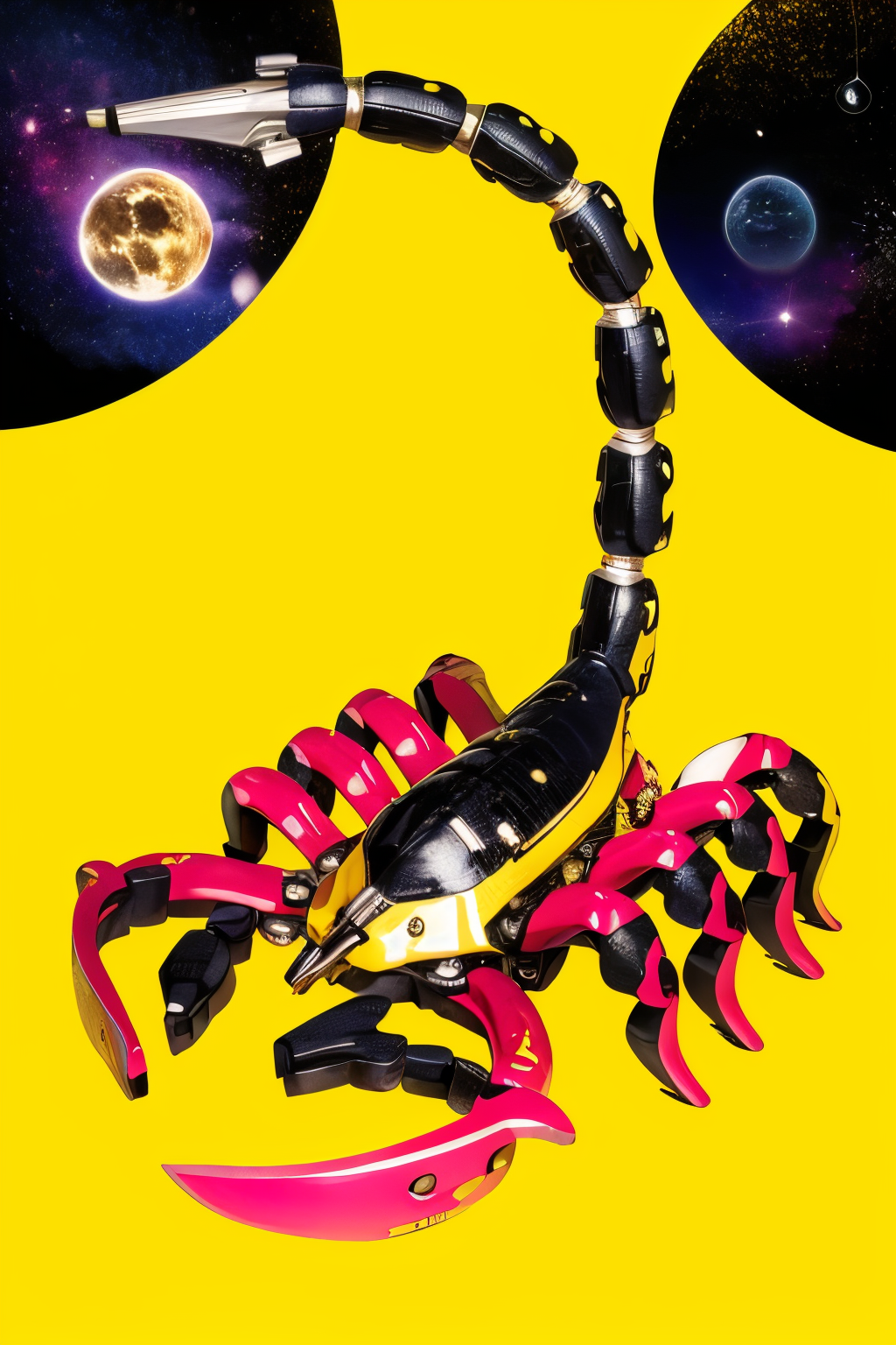 (Realistic:1.5) EdobScorpion, weapon, yellow background, pink theme, sky, from above, space, leaf, lying, machinery, closed eyes, shoes,  <lora:EdobScorpionArtistic_v1.0:0.8>