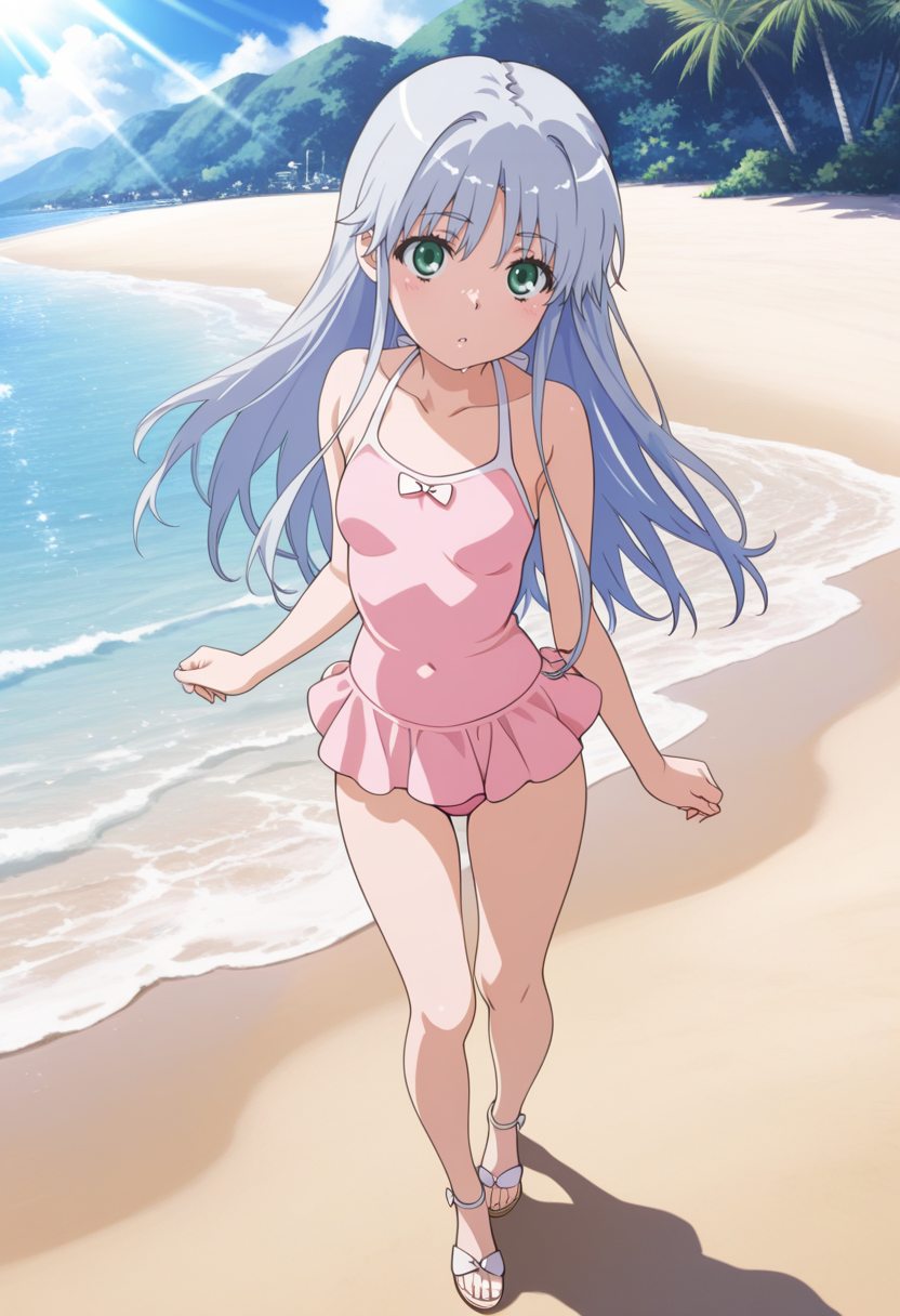 newest, masterpiece, best quality, 4k,
outdoors,beach, sunrays, very aesthetic, detailed background, full body,
1girl, solo,   <lora:Index:1> 1ndex, index (toaru majutsu no index), grey hair, long hair, green eyes, pink swimsuit, one-piece swimsuit, skirt
