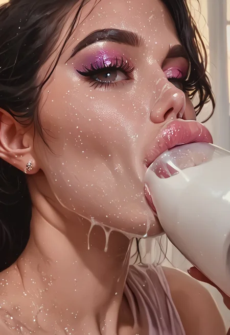 score_9, score_8_up, score_7_up, milkyfun, 1girl sucking a bottle of milk, very big lips, makeup, (milkyfacial), big eyes, glitter, mole, milk overflowing from mouth, face covered in milk