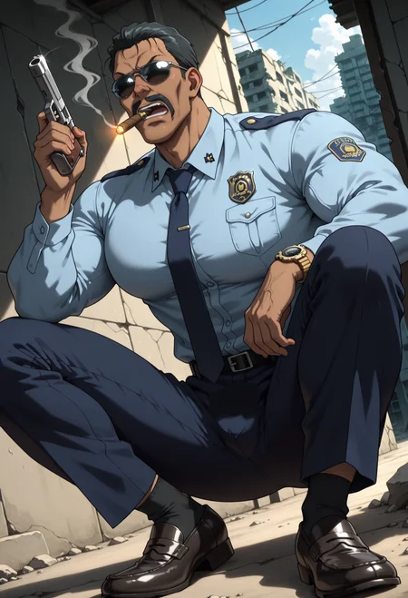 BREAK anime color,from_side,dutch angle,full_shot,(solo),1boy,male focus,
full-length portrait,on ground,with a cigar in his mouth,call for help,holding_phone,take a pistol,
masculine face,daddy looking face,masculine,wrinkle,Villain,thug,
Abrego,Black hair,sunglasses,mustache,<lora:Abrego__Black_Lagoon:0.8>,
annoyed,open mouth,
police_uniform,dark blue pants,light blue shirt,dark blue tie,formal attire,long_sleeves,large leather shoes,pure black socks,
tlarger men,Big body,broad shoulders,stocky_body,big muscule,
Dark skin,Muscled,narrow waist,toned body,
large pectorals,long legs,have muscular legs,
detailed face,detailed body,perfect anatomy,
masterpiece,best quality,amazing quality,
k0n0hanaya,<lora:-Konohanaya:0.4>,
Hotcha,<lora:hots_r1:0.2>,<lora:cfg_scale_boost:0.2>,<lora:NAI_QualityV1.1:0.4>,<lora:add-detail-xl:0.7>,
multicolored_background,men's watch,building_ruins,