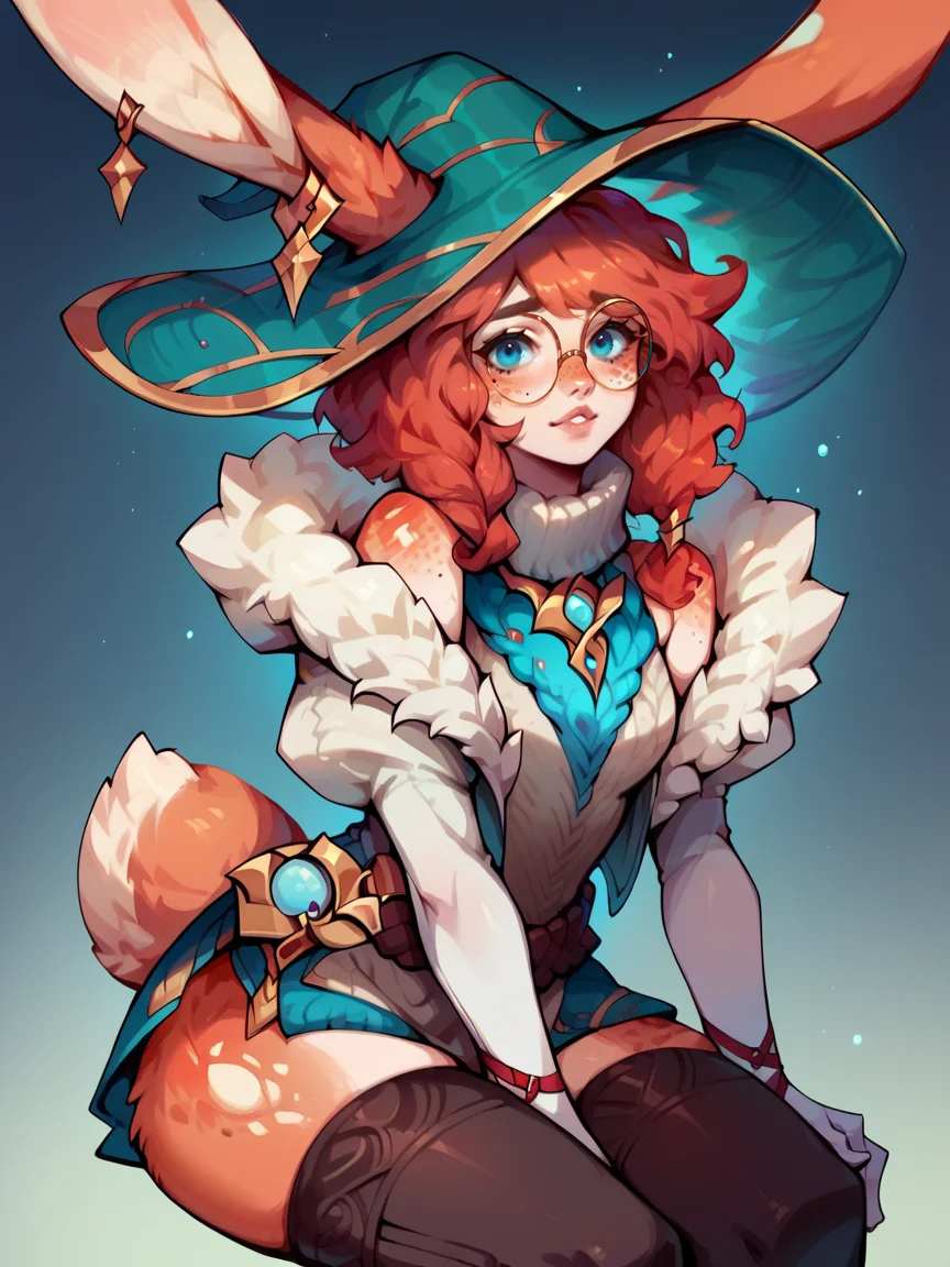 score_9, score_8_up, score_7_up, score_6_up, score_5_up, <lora:AuroraLOLXLP:1> auroralol, 1girl, solo, rabbit ears, round eyewear, blue eyes, freckles, hat, gloves, tail, thighhighs, red hair,