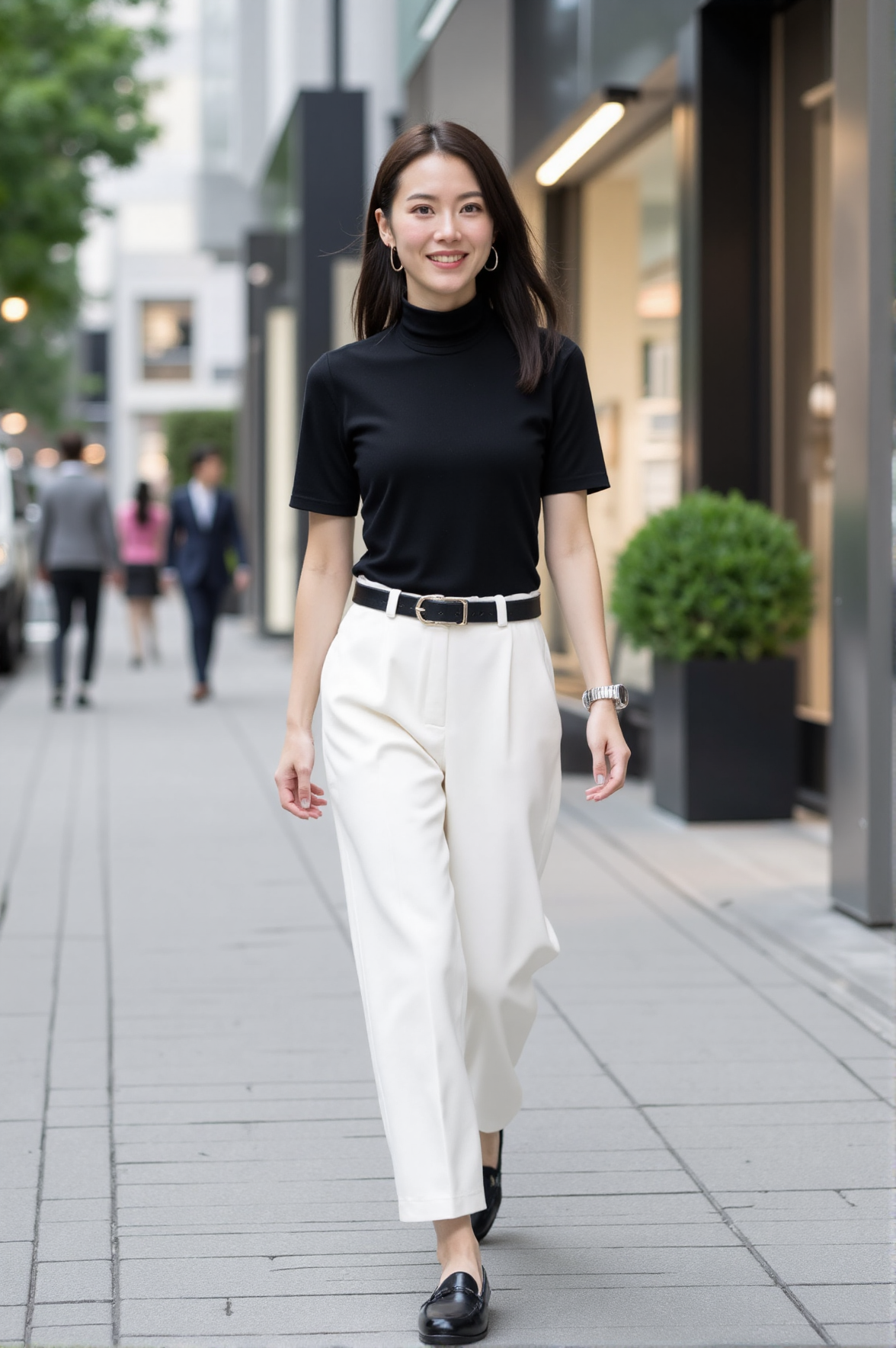 Strolling down the upscale Omotesando avenue, a waifu embodies minimalist elegance in a monochrome ensemble of a black turtleneck tucked into white wide-leg trousers, cinched with a sleek belt. She accessorizes with a simple wristwatch and black loafers. The modern, tree-lined boulevard with its high-end boutiques serves as a sophisticated backdrop. The image is shot with a high-resolution camera, capturing the fine details of her outfit and the surrounding architecture, with a balanced exposure that highlights the crispness of the scene.
<lora:anime-waifu-flux:1>