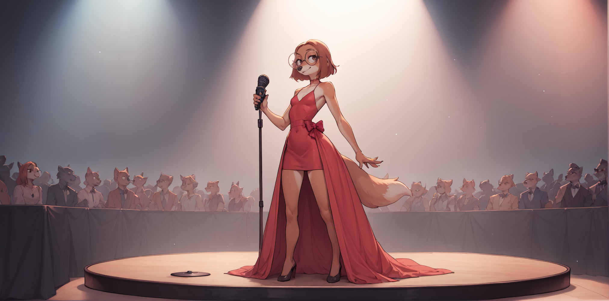 score_9, score_8_up, score_7_up, score_6_up, score_5_up, score_4_up, <lora:SukiLanePXL:1> SukiLanePXL, anthro, brown eyes, round glasses, small breast, evening dress, full body, on stage, greet the audience, microphone, opera
