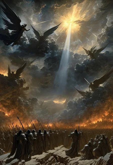 A grand, dramatic scene in the style of Gustave Doré, illustrating the War in Heaven from Paradise Lost. The scene is filled with celestial chaos, as angels in battle take to the skies, their majestic wings outstretched, clashing against the forces of Satan and his fallen legions. Archangels, glowing with divine light, wield swords of brilliant fire, their faces resolute and filled with righteous fury. Satan, in his dark, imposing form, leads the rebellion, his wings blackened and torn, surrounded by his legion of fallen angels, each figure twisted with defiance and malice. The sky above is a tumult of swirling storm clouds and flashes of divine lightning, casting dramatic light and deep shadows over the celestial battlefield. Doré’s signature use of intricate linework and stark contrasts creates a sense of immense scale and power, with divine light illuminating the heroic figures of the faithful angels and shadows engulfing the forces of rebellion. The cosmic battle between good and evil is captured with deep emotion and intensity, emphasizing the grandeur and tragedy of this celestial war
, moody light, by H.R Giger, 4k resolution digital art trending on Artstation and unreal engine 5, hyperrealism, full body shot, glowing eyes, cinematic, epic, masterpiece, surreal, fantasycore, hyperdetailed, ultra realistic, octane render, volumetric lighting, depth of field, bokeh, 8 <lora:Details:0.85>