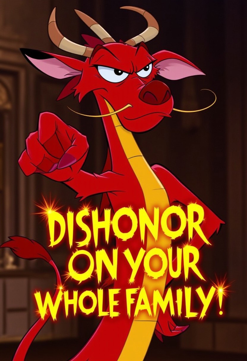 A semi-realistic depiction of Mushu from Mulan, standing upright and dramatically pointing directly at the viewer with an accusatory expression. His red and gold scales glimmer with fine detail, and his face is a mix of comedic fury and exaggerated disdain. The background is simple, slightly blurred, emphasizing Mushu as the focal point of the image. His clawed finger is extended with conviction, and his body language radiates theatrical energy. In the middle of the image, bold, stylized text reads 'Dishonor on your whole family!' in vibrant yellow with a faint fiery glow, matching Mushu’s fiery personality. The overall tone is both intense and humorous, capturing Mushu’s iconic sass."