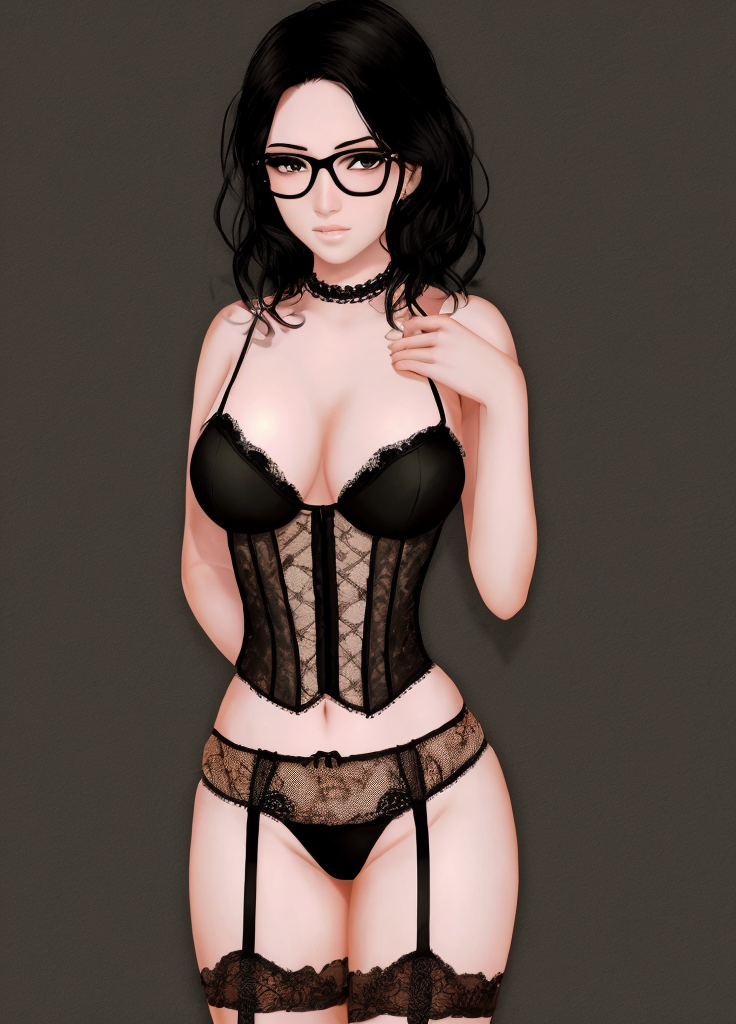 Harem_Hotel_kali, 1girl, black hair, black panties, breasts, black corset, glasses, black lingerie, black panties, thighhighs, Plain Background<lora:Harem_Hotel_kali-10:0.6>,