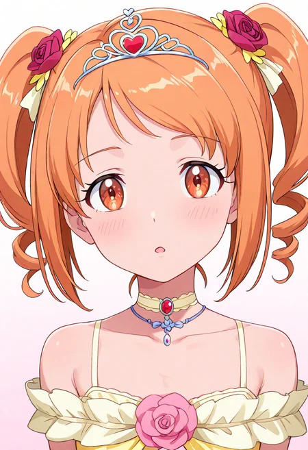 masterpiece, best quality, absurdres, very aesthetic, general,
shirabe ako, 1girl, solo, twintails, brown eyes, short hair, brown hair, tiara, eyelashes, blush, collarbone, upper body, orange hair, open mouth, hair flower, pink background, bare shoulders, circlet, drill hair, jewelry, sidelocks, pink flower, looking at viewer, pink rose, shiny, orange eyes, :o, shiny hair, short twintails, white background, heart hair ornament, yellow flower, frills, yellow choker, simple background, white choker, eyebrows visible through hair, sleeveless, long hair, ribbon, bangs, gradient background, off shoulder, diadem, parted lips, flat chest, necklace, yellow dress, twin drills, red flower, anime coloring, tied hair, smile
<lora:cure_muse_shirabe_ako_illustXL_locon_v1:0.7>