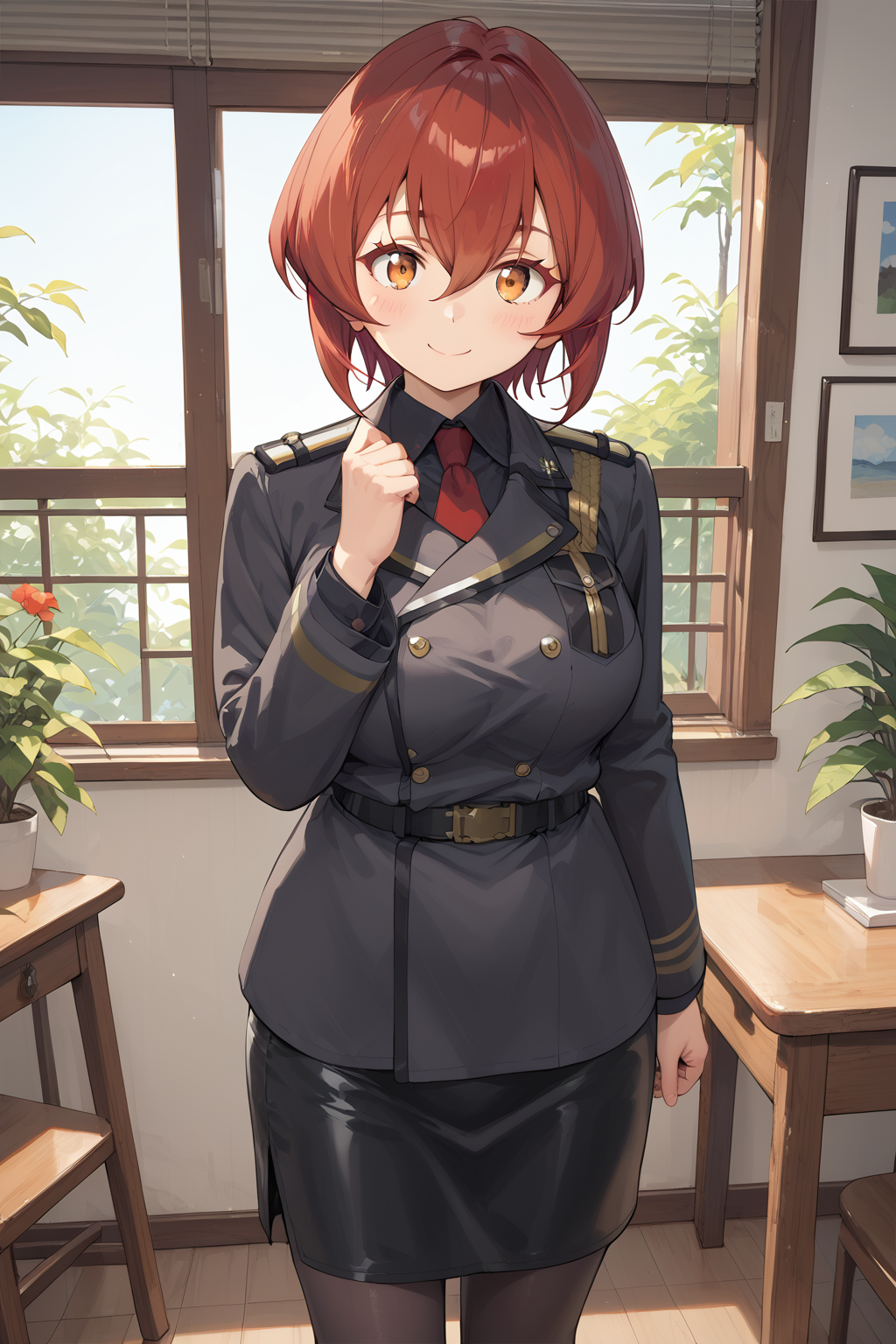 score_9, score_8_up, score_7_up, score_6_up, score_ANIME,  1girl,  ,  kurenakukumila, 1girl, solo, red hair, smile, military uniform, short hair, , looking at viewer, red necktie, brown eyelashes, black blazer, sidelocks, long sleeves, black pantyhose, hair between eyes, black pencil skirt, , belt, cowboy shot, collared shirt,, orange eyes, blush<lora:kurenakukumila_pony3:0.9>, Dining room, large breasts,