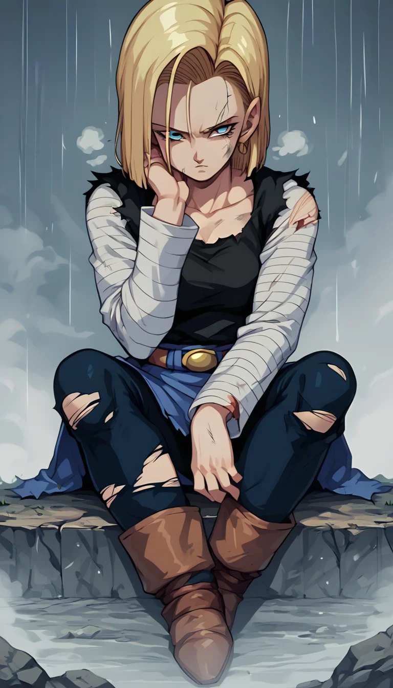 score_9, score_8_up, score_7_up, score_6_up, source_anime, BREAK adr18k1ck1x, dvsk, torn clothes, damaged, sitting, tired, heavy breathing, heavy rain, fog, outdoors <lora:Android_18_Pony:1>