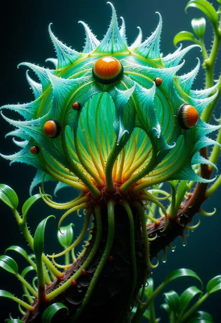 Colors burst with vivid life and shades of green. Bands of white light dash across the canvas. High saturation and contrast. sharp lines come into focus. Droplets of rain accumulate on leaves. Leaves appear as shattered glass. Electric snails crawl on the surface of a mysterious plant. The plant is made of glass. A mysterious ecosystem made of crystalline glass. Vines, spores and bark.