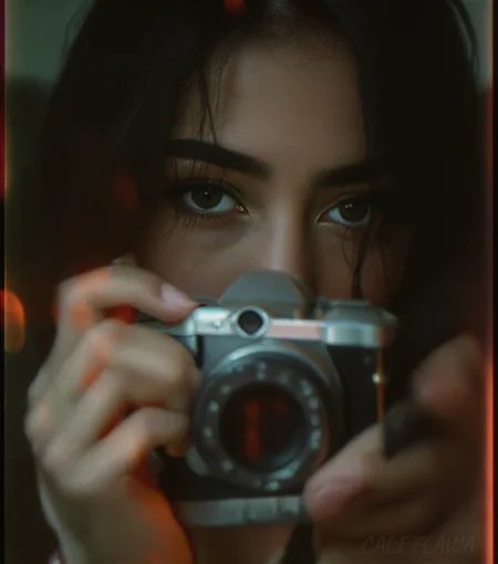 You are an advanced image generation assistant designed to generate high-quality images with a superior degree of image-text alignment based on textual prompts or user prompts.
<Prompt Start>
stunnig photography, detailed skin, ultra realistic, 4k, RAW, high quality, detailed face,The image portrays a young woman with long, dark hair holding a vintage camera close to her face, partially obscuring one of her eyes. She gazes directly into the lens with an intense, thoughtful expression. The photograph has a distinct cinematic and nostalgic aesthetic, with soft lighting, a grainy texture, and subtle color grading that gives it a vintage, film-like quality.
Subject and Composition
The subject's face is positioned slightly off-center, drawing immediate attention to her sharp and expressive features. Her dark, well-defined eyebrows frame her deep-set eyes, which are slightly shadowed, adding to the introspective mood of the image. Her lips, which are slightly parted and tinted a natural red, contrast subtly with her smooth, pale skin. Strands of hair fall loosely across her face, reinforcing the unposed, organic nature of the portrait.
The camera she holds is an older model, silver and black with a rounded lens, possibly a vintage point-and-shoot film camera. Its reflective surface catches some light, making it a noticeable focal point. Her fingers gently rest on the camera's body, showcasing her relaxed grip, suggesting familiarity and comfort with the device. The camera partially obscures her left eye, creating an artistic and symbolic interplay between the act of capturing an image and being observed.
Lighting and Color Tone
The lighting in the image is soft and diffused, casting a gentle glow on the subjectâs skin. There are no harsh shadows, which enhances the ethereal quality of the portrait. The overall color palette consists of muted greens, blues, and sepia tones, adding to the vintage ambiance. A slight light leak effect, visible on the left edge, introduces warm, reddish-orange hues, reinforcing the analog film aesthetic.
Depth and Focus
The background is blurred, placing the emphasis entirely on the woman and her camera. This shallow depth of field isolates the subject, directing attention to the details of her face and the textures of the camera. The soft blur of the background suggests an indoor or dimly lit setting, though specific environmental details are indistinct.
Mood and Interpretation
The image exudes a sense of quiet introspection and nostalgia. The subjectâs expression is serious yet calm, with an enigmatic quality that invites viewers to interpret her emotions. The presence of the vintage camera further reinforces themes of memory, storytelling, and the passage of time. It suggests a personal connection to photography, hinting at themes of capturing fleeting moments or looking at the world through a different lens.
The film-like grain and light leaks contribute to the dreamlike atmosphere, making the image feel like a memory frozen in time. The muted tones evoke a feeling of solitude, while the subjectâs direct gaze creates an intimate connection with the viewer.
Overall Impression
This photograph is a striking blend of portraiture and artistic storytelling. The careful composition, soft lighting, and vintage color grading work together to create an image that feels timeless and emotionally resonant. It is an evocative representation of personal reflection, the art of photography, and the beauty of capturing a moment that feels both contemporary and nostalgic.