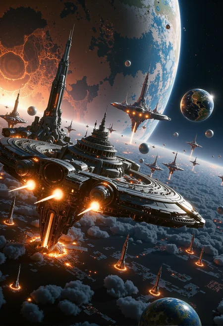 Amid the infinite expanse of space, a grand interstellar war rages, set against a backdrop of glowing nebulae and star-speckled voids. Vast starships, masterpieces of futuristic design spanning hundreds of meters, glide through the chaos, their reflective hulls shimmering with the light of distant galaxies. The battlefield is alive with explosions, casting flickering shadows over alien cities whose towering skyscrapers pulse with holographic displays in dazzling colors. Amid asteroid fields and planetoids, fleets execute precise maneuvers, their engines blazing trails of fiery energy. The stakes are immense, as every vessel, every planet, and every tactical decision becomes a critical move in this sweeping saga of survival and domination, where the destiny of civilizations hangs in the cosmic balance. <lora:ancient.safetensors:0.55>, <lora:aiai-Glimra-Flux-Dev-v2.safetensors:0.3>, <lora:NotTheRealWorld-v55-000010.safetensors:0.3>, <lora:Sci-fi_env_flux.safetensors:0.2>,