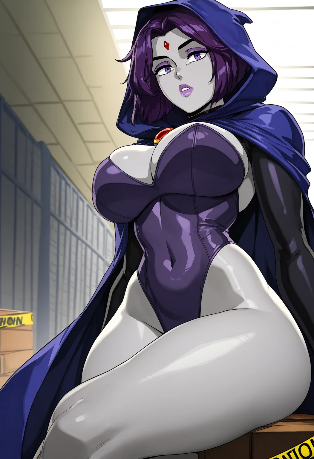 masterpiece, best quality, newest, absurdres, highres, 1girl, breasts, solo, purple hair, large breasts, thighs, hood, thick thighs, sitting, sitting, crossed legs, purple eyes, cleavage, short hair, wide hips, covered navel, looking at viewer, colored skin, grey skin, lips, indoors, warehouse, standing, expressionless, looking at viewer, makeup, parted lips, (raven \(dc\):0.8), from side, forehead jewel, downturned eyes, from below, caution tape, skindentation,
<lora:dsloogie_ill:1>