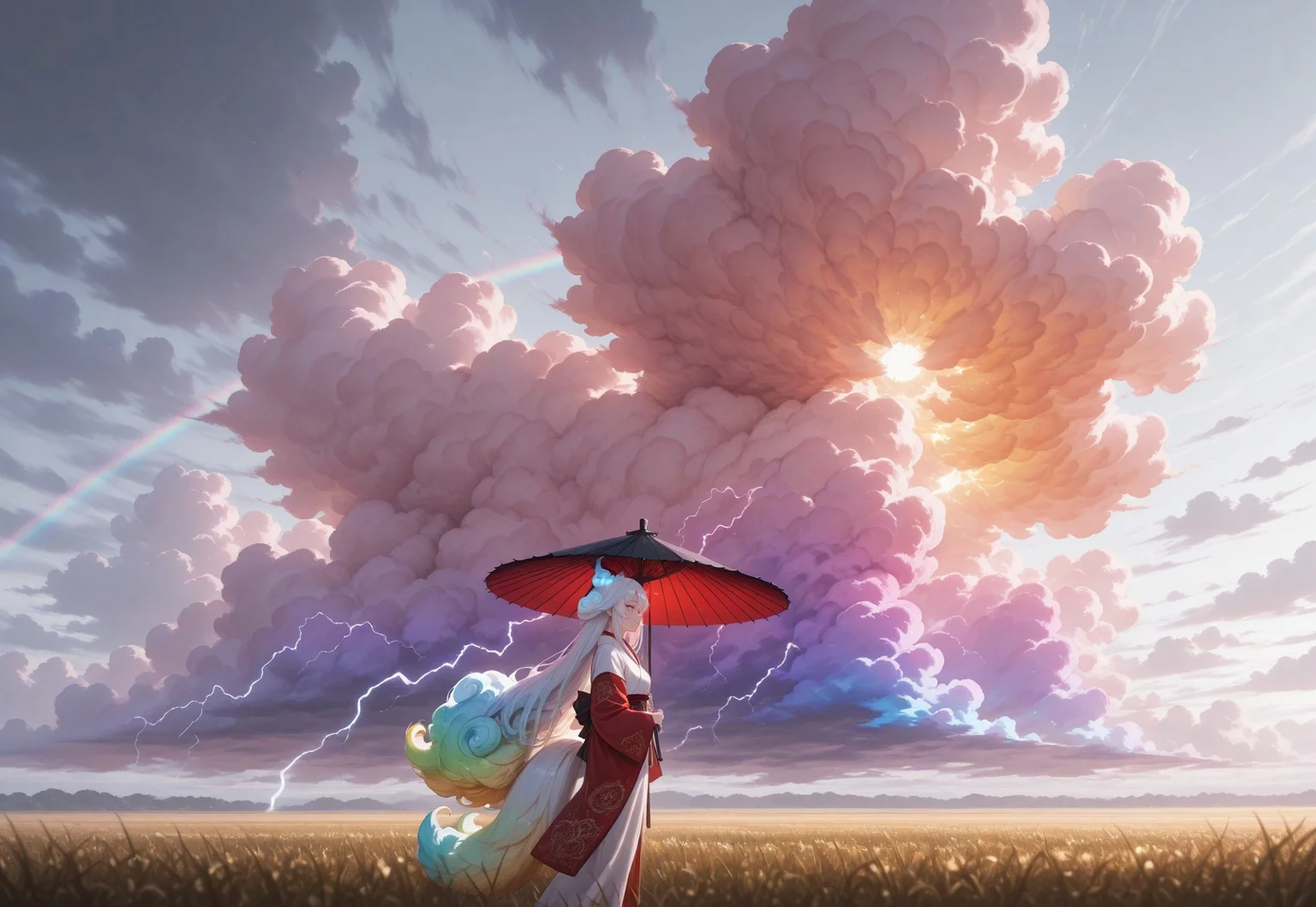masterpiece, best quality, absurdres,anime style,detailed eyes,
1 female solo,((((Cloud hair)))),long hair,blue eyes,kitsune tails,white kimono,red sleeves,golden embroidery,
wide shot,from side,feet out of frame,low angle,
looking to the left,sun umbrella,washi umbrella,multicollored umbrella,red umbrella,black umbrella,walking along rye field,
white background, ((((huge fluffy Clouds)))),((((rainbow gradient cloud)))),cloud lightning,