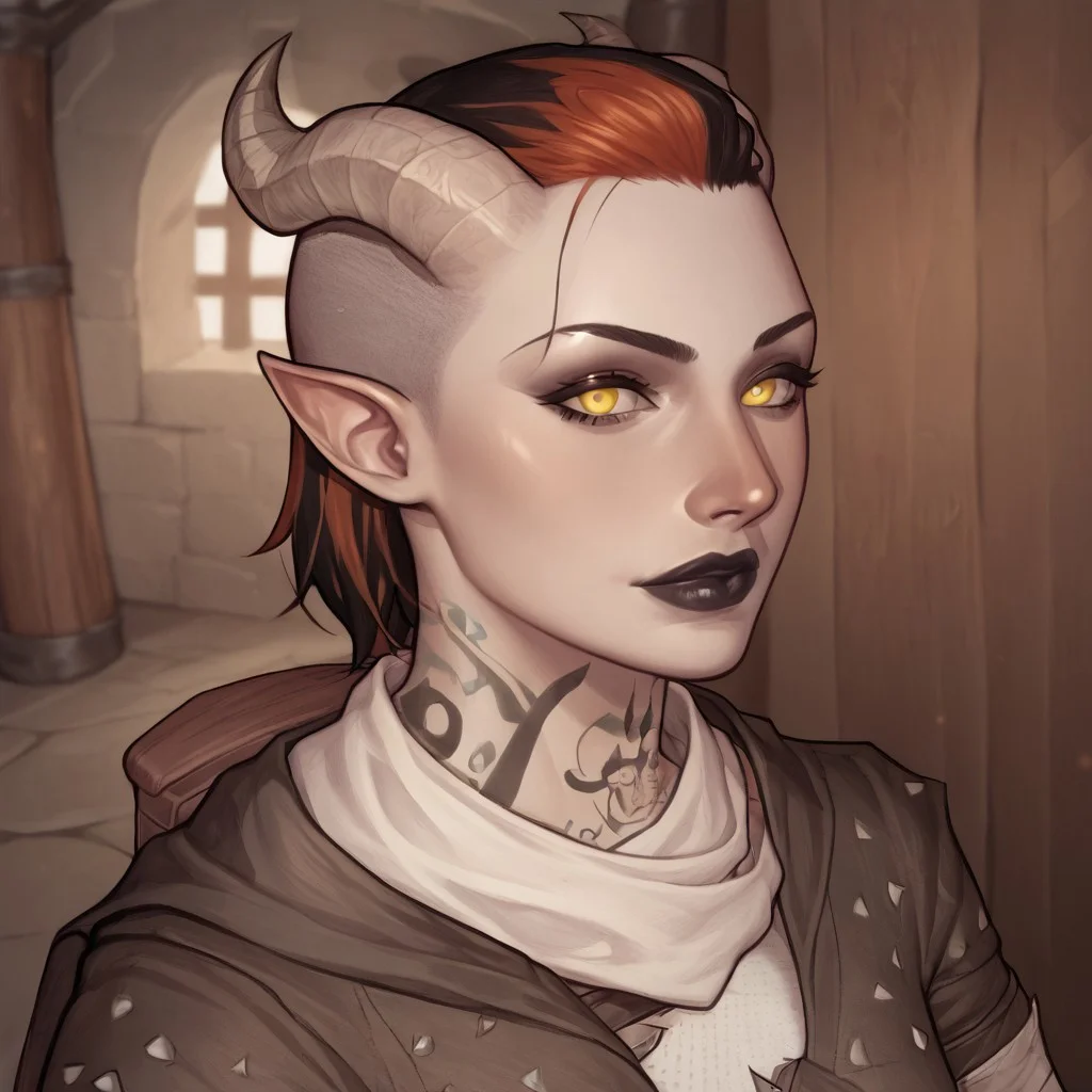 (((beautiful, high quality, perfect eyes, comics style, semi-realistic, perfect hands, detailed face))), score_9, score_8_up, score_7_up, BREAK bust shoot, solo, 1girl, 33y woman, (Tiefling, pointed ears, curved horns), ((pale gray skin:1.1)), ((hooked nose)), muscular, tattoos, fiery red hair, medium hair, unruly shaved side, Black lips, eyeshadows, yellow eyes, (flirting), BREAK a rogue wearing black torn coat, multiple belts, bandages, backpack, hood up, scarf, medieval inn, fantasy background, blurred background, easynegative, JIM EIDOMODE, Dungeons and Dragons 5th edition style illustration