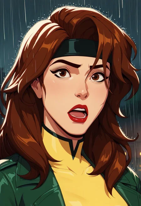 xmen97 style, 1girl, rain, solo, headband, open mouth, brown eyes, long hair, brown hair, makeup, lipstick, red lips, anime coloring, flat color, cel shading, cel shaded, 2d, PonyXLV6_Scores zPDXL