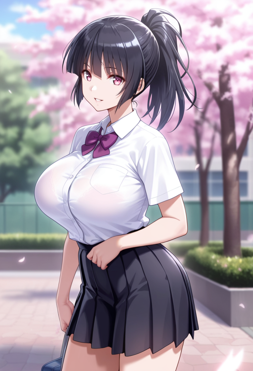 masterpiece, best quality, amazing quality,makoto kitamichi, pink eyes, black hair, long hair, ponytail, mature female, breasts, large breasts,solo,1 girl,school uniform,pleated skirt,white shirt, black skirt, purple bow,short sleeves, parted lips, light smile, standing, looking at viewer, cowboy shot, blurry background, outdoors, school, cherry blossoms <lora:makoto kitamichiV1:0.9>