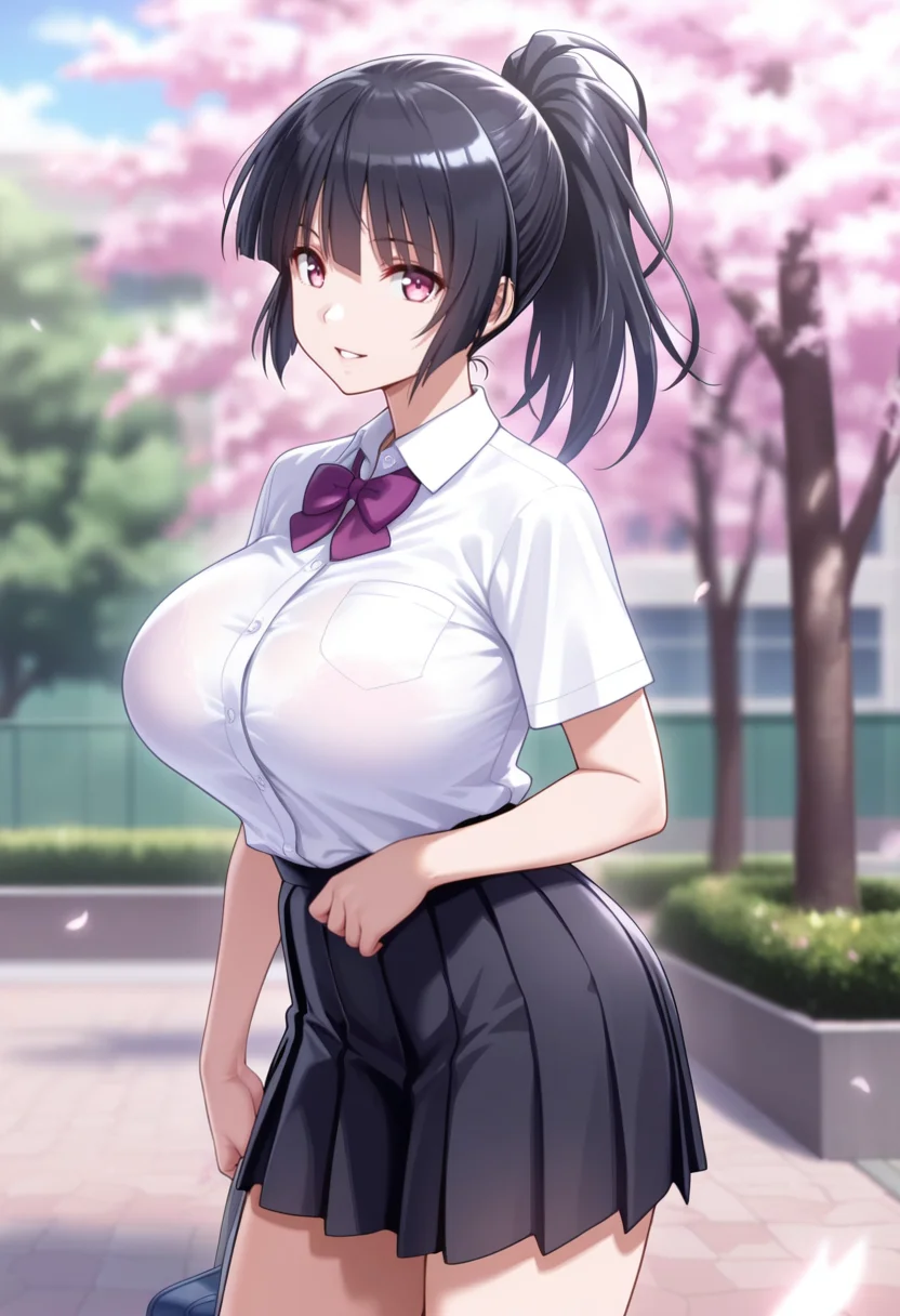 masterpiece, best quality, amazing quality,makoto kitamichi, pink eyes, black hair, long hair, ponytail, mature female, breasts, large breasts,solo,1 girl,school uniform,pleated skirt,white shirt, black skirt, purple bow,short sleeves, parted lips, light smile, standing, looking at viewer, cowboy shot, blurry background, outdoors, school, cherry blossoms <lora:makoto kitamichiV1:0.9>