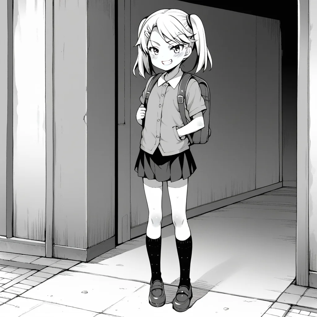 score_9, score_8_up, BREAK, source_anime, (1girl, solo), grayscale,
usosaohstyle, backpack, black knee socks, skirt, shirt, smirk, blush, white hair, flat chest, standing, full body,
<lora:UosaohStyle:1>