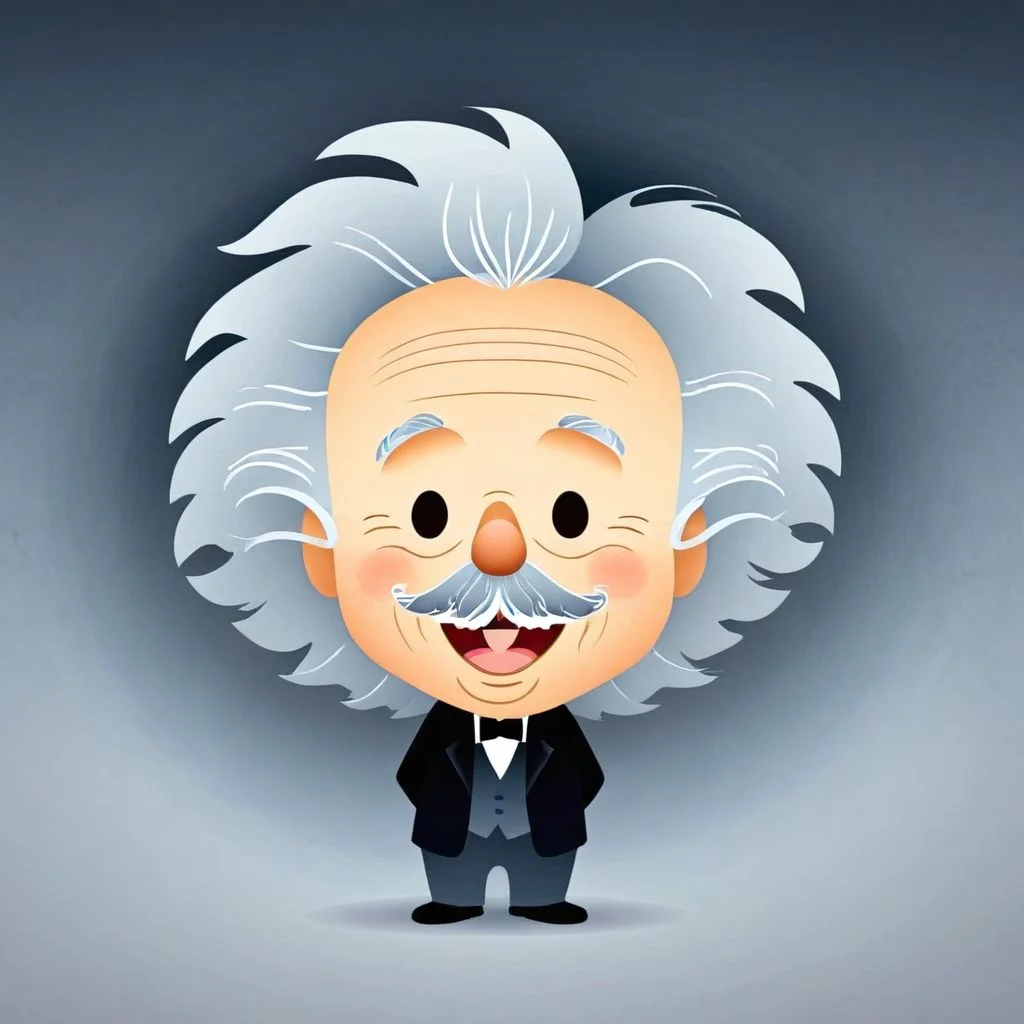 cartoon portrait of Albert Einstein in jmawx style, cute chibi, simple gradient background, full character, smile, detailed facial features <lora:Jerrod_Maruyama_Style_XL_V4.2-000011:0.9>