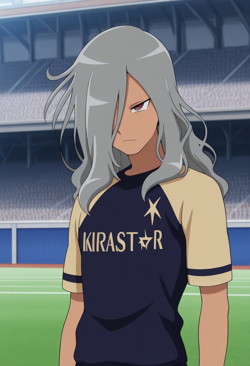 masterpiece,best quality,amazing quality, source_anime,
HaizakiRyouhei, 1boy, male focus, solo, dark skin, dark-skinned male, red eyes, grey hair, long hair, hair over one eye, seishou soccer uniform, black and gold shirt, multicolored shirt, short sleeves,
outdoor,