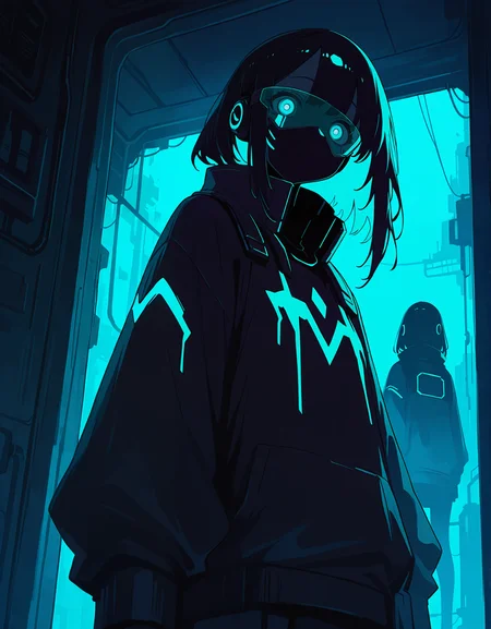 masterpiece, best quality, newest, highres, absurdres, <lora:LeIsT0_style:1>,LeIsT0_illu,cyberpunk anime girl, mysterious figure, neon turquoise lighting, dark atmosphere, long black hair, futuristic visor, digital art, cyberpunk aesthetic, moody blue background, high contrast, reflective surfaces, sci-fi environment, shadowy silhouette, glowing accents, dystopian ambiance, stylized illustration, urban nightscape, technologically enhanced character, cinematic composition, intricate details, foreshortening, depth of field, blurry edges, ,