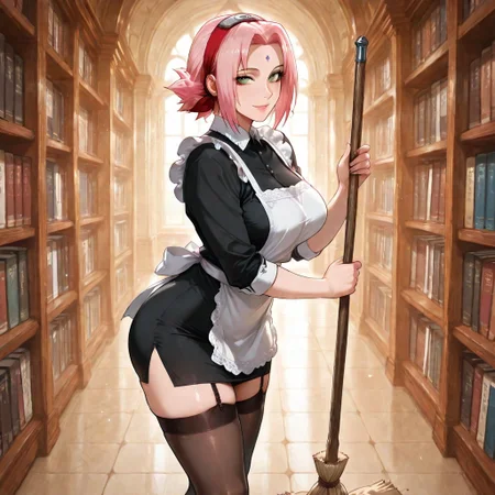 score_9,score_8_up,score_7_up,morimee_style,extremely detailed,sharp focus,HD,1girl,((solo)),Mature Woman,
haruno sakura,pink hair,green eyes,forehead mark, large breasts, voluptuous, juicy butt,
sweeping, tilted sweeping, library,
inside,detailed Background, sexy,
maid, apron, thighhighs, garter straps, black dress,