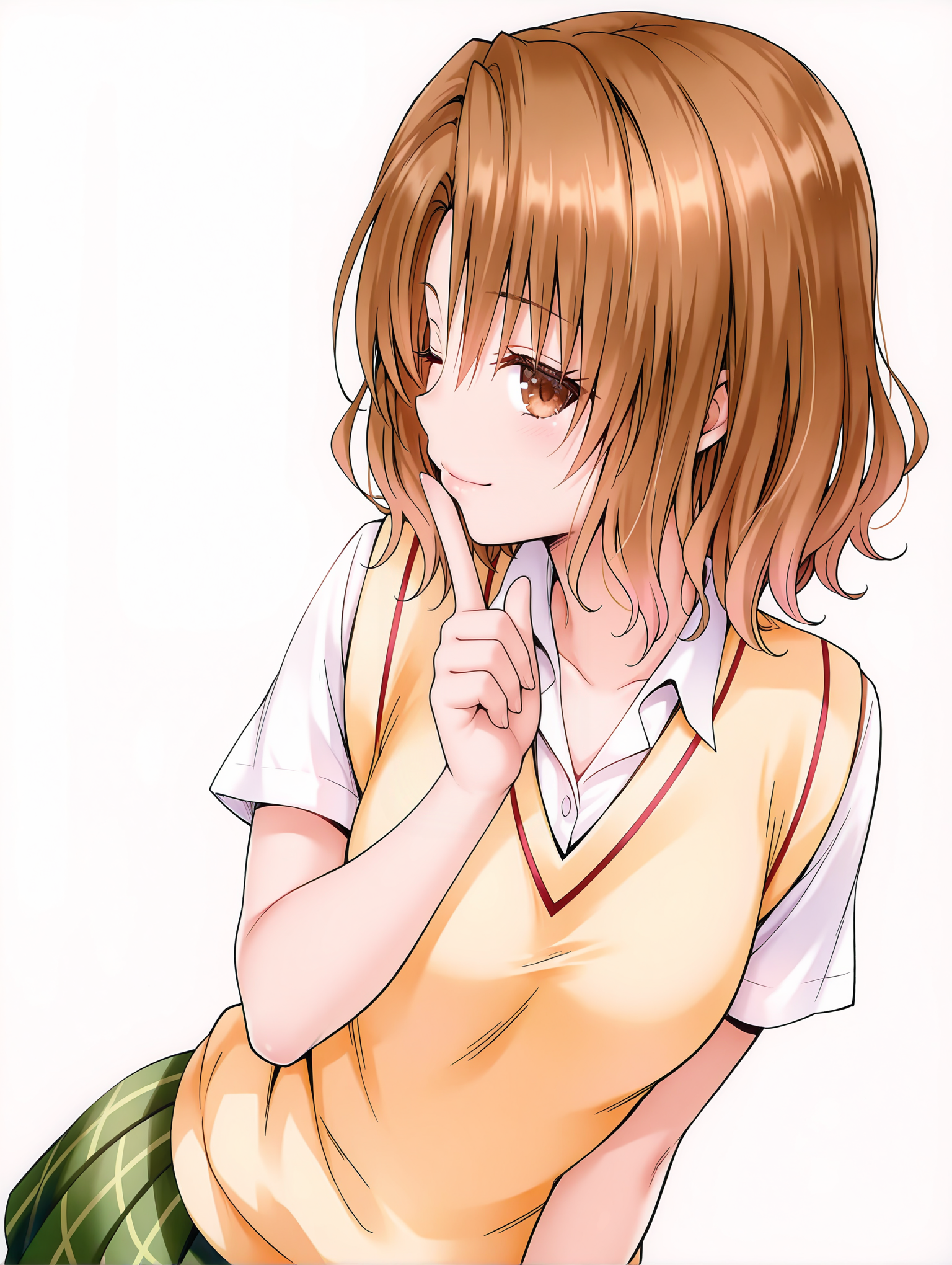 masterpiece,best quality,newest,
1girl,solo,
<lora:m_risa_ilxl_v1.1:1>,momioka,brown hair,brown eyes,m_clothes,short sleeve blouse,sweater vest,green plaid skirt,
<lora:Fixhands_anime_bdsqlsz_V1:1>,seductive_smile,white background,simple_background,standing,upper_body,profile,looking_at_viewer,shushing,one eye closed,