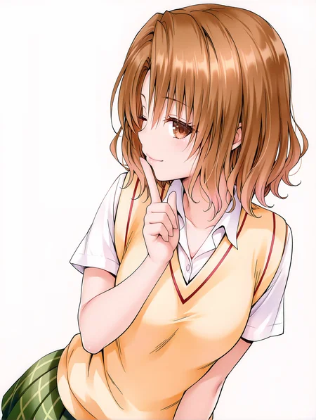 masterpiece,best quality,newest,
1girl,solo,
<lora:m_risa_ilxl_v1.1:1>,momioka,brown hair,brown eyes,m_clothes,short sleeve blouse,sweater vest,green plaid skirt,
<lora:Fixhands_anime_bdsqlsz_V1:1>,seductive_smile,white background,simple_background,standing,upper_body,profile,looking_at_viewer,shushing,one eye closed,
