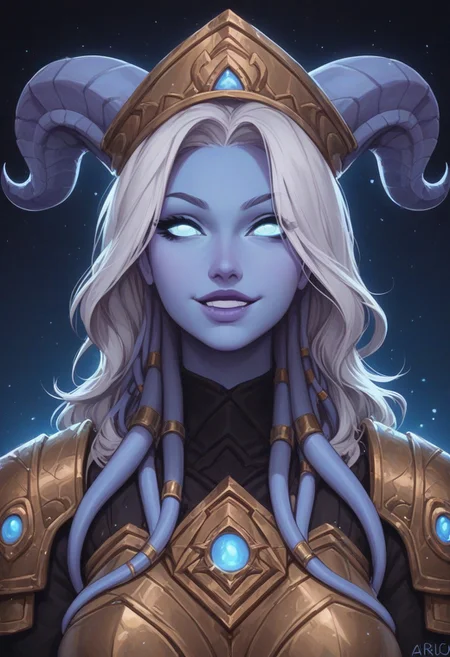 score_9, score_8_up, score_7_up, score_6_up, score_5_up, score_4_up, uncensored,
BREAK
Expressiveh, very aesthetic, Godrays,
yrel, 1girl, bokeh:1.2, sexy, white hair, glowing blue eyes, Draenei, large breasts, perfect eyelashes, blue skin girl, hat, golden armor, (perfect eyes:1.3, wide eyes, detailed eyes, amazing eyes, blue eyes, beautiful blue eyes),
((girl facing viewer)), smile, face_focus, close up,