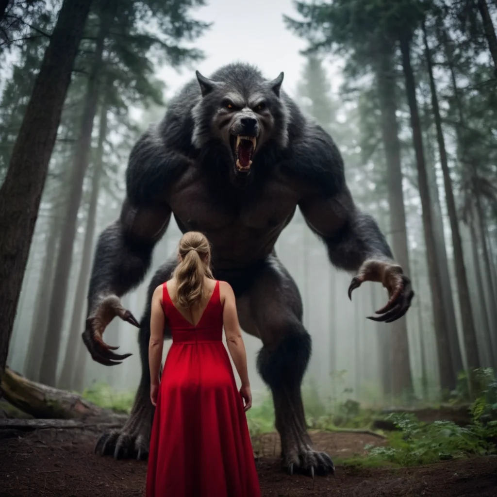 cinematic film still of  <lora:Werewolf style:1.2>
wide angle of a woman in a red dress standing in foreground next to a large giant monster Werewolf in background Werewolf Style, shallow depth of field, vignette, highly detailed, high budget, bokeh, cinemascope, moody, epic, gorgeous, film grain, grainy