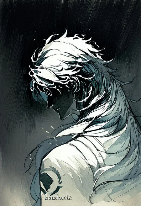score_9, score_8_up, score_7_up, Watercolor painting, charcoal sketch, Calcharo, wuthering waves, looking at camera, surrounded by white electricity, detailed, masterpiece, black background