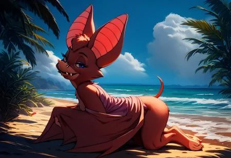 score_9, score_8_up, score_7_up, (best quality:1.1), ultra-detailed, great quality, anthro, high resolution, (((8k))), 1girl, bat, bat girl, day time, animal ears, bat ears, seductive look, 3/4 side view, foxglove bat, natural light, detailed sun rays, summer, fangs. daytime, real big bat wings, looking at viewer, BREAK., lying on beach towel, lying on side, (tropical island), highly detailed background, (sand beach:1,4), half closed eyes, full body view, sexy pose, detailed bat legs, detailed barefoot