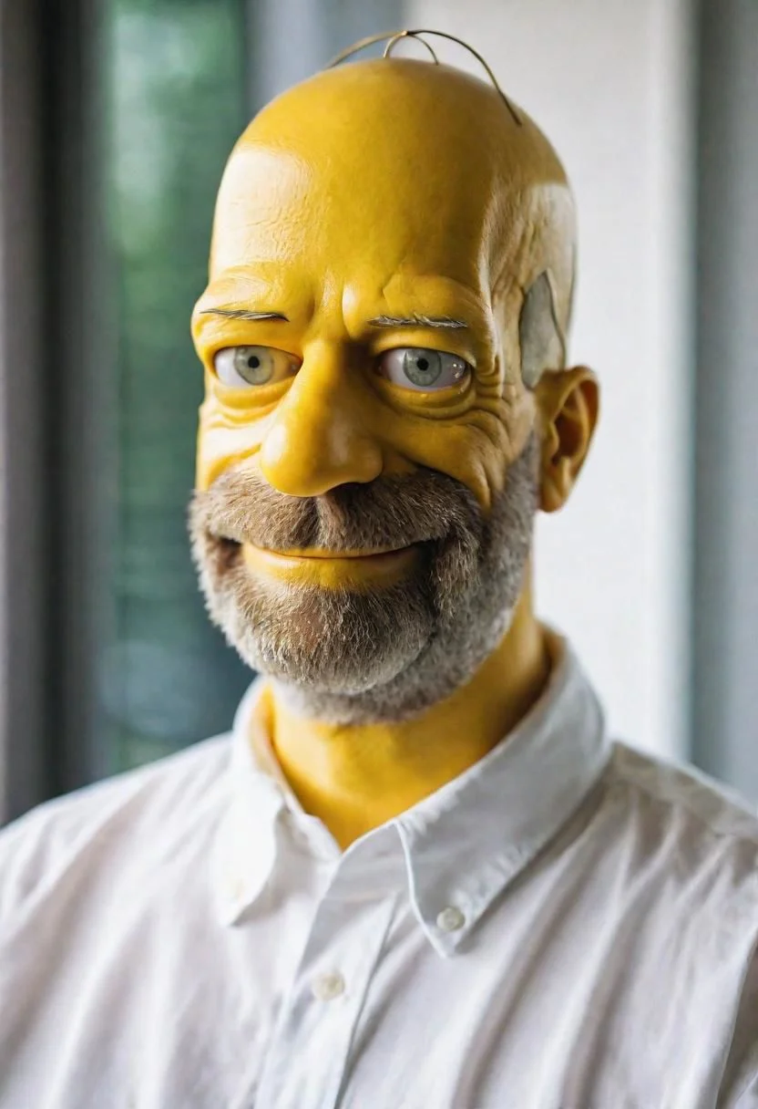 cinematic photo bald man,yellow painted skin and head,male focus,beard,close up on face,funny smile,white shirt,40 y.o,(Homer Simpson character:01.5) . 35mm photograph, film, bokeh, professional, 4k, highly detailed